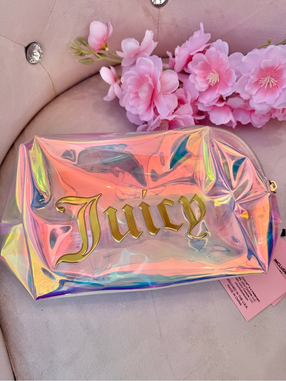 Juicy Couture Holographic Pink Iridescent Cosmetic Pouch with Gold Logo